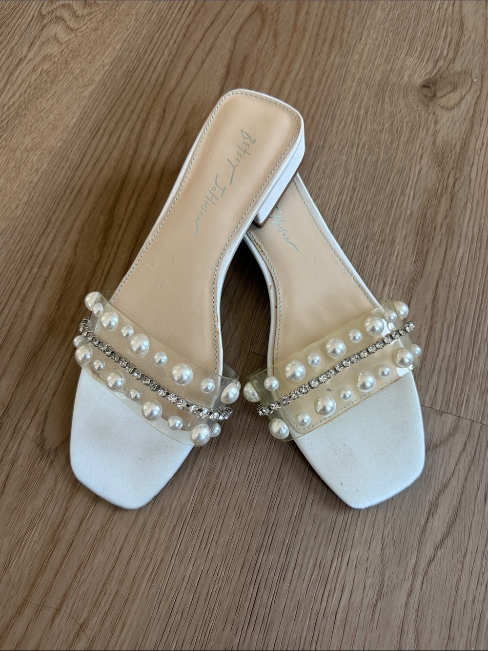 Betsey Johnson White Pearl-Embellished Slide Sandals